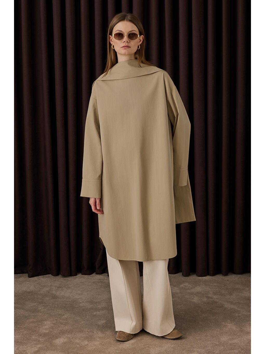 Fular Yaka Gömlek Koyu Bej-1