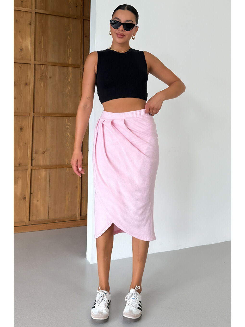 Kadın Pembe Bel Lastikli Kruvaze Midi Boy Etek-3