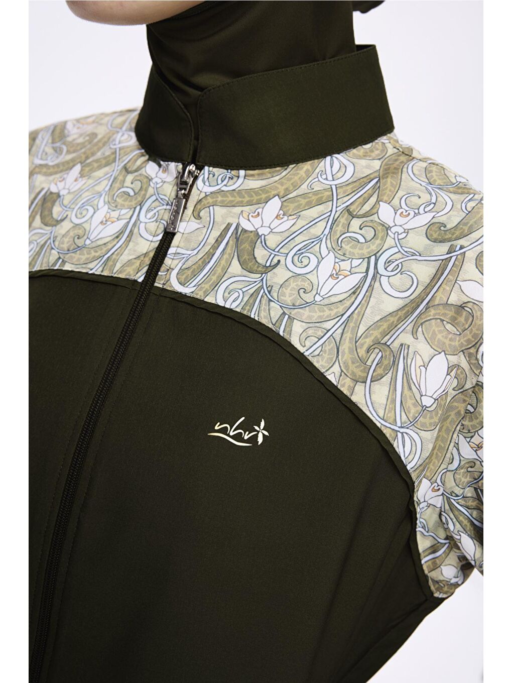 Kolları Desenli Haki 3 Parça Dokuma Tam Tesettür Mayo Takımı 2277-3