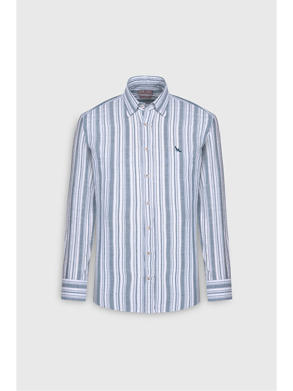 Lila Erkek Ekru-Yeşil Slim Fit Dar Kesim %100 Pamuk Gizli Düğme Yaka Çizgili Gömlek-5