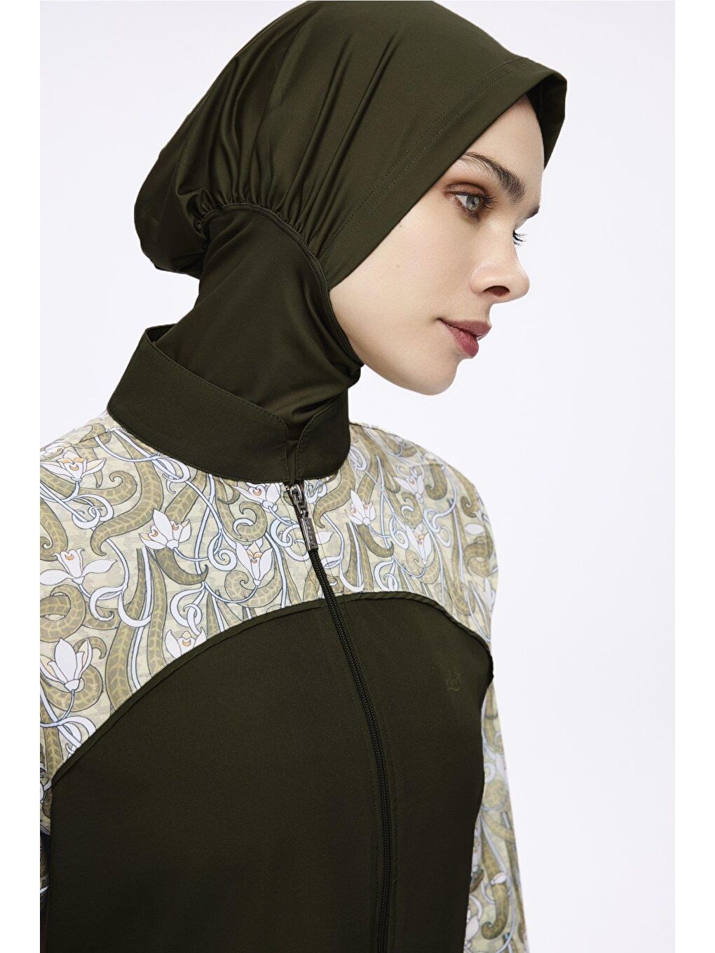 Kolları Desenli Haki 3 Parça Dokuma Tam Tesettür Mayo Takımı 2277-4