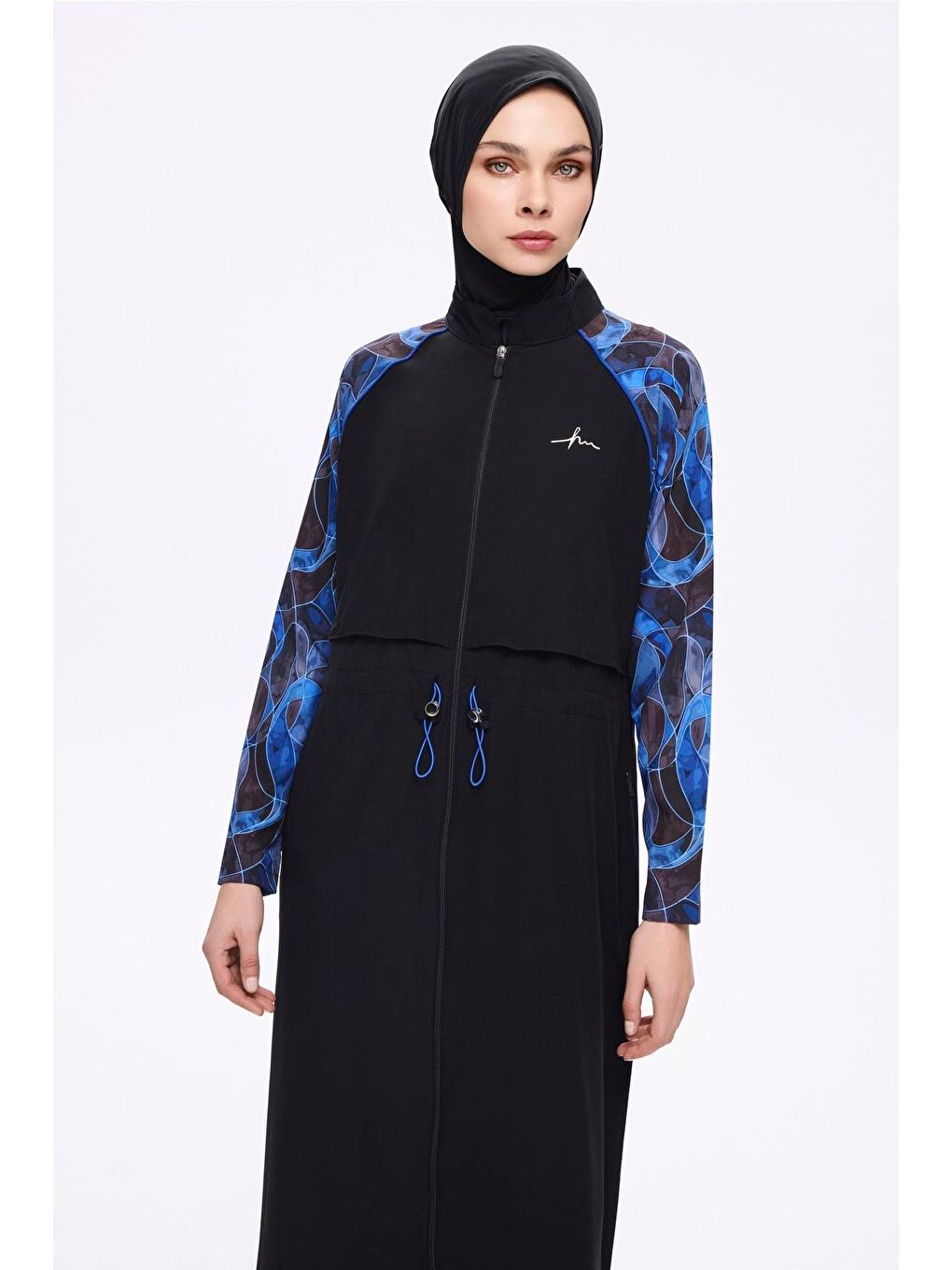 Tam Boy Kolları Desenli Siyah 5 Parça Tam Tesettür Mayo Takımı 5016-1