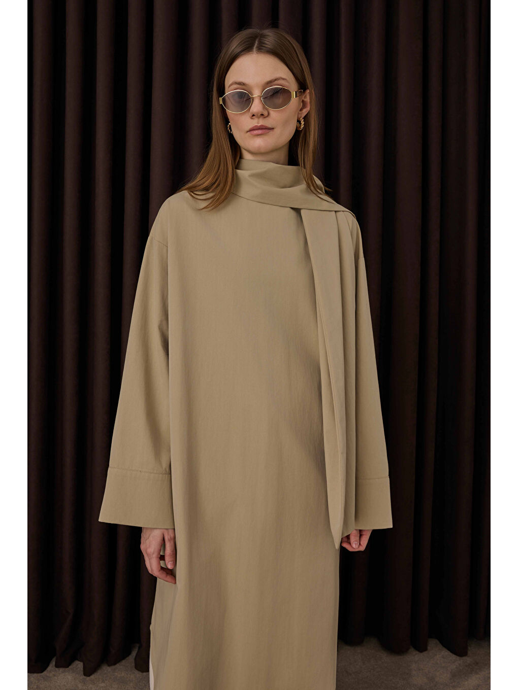 Fular Yaka Gömlek Koyu Bej-3