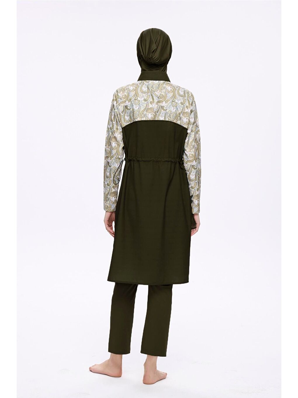 Kolları Desenli Haki 3 Parça Dokuma Tam Tesettür Mayo Takımı 2277-5