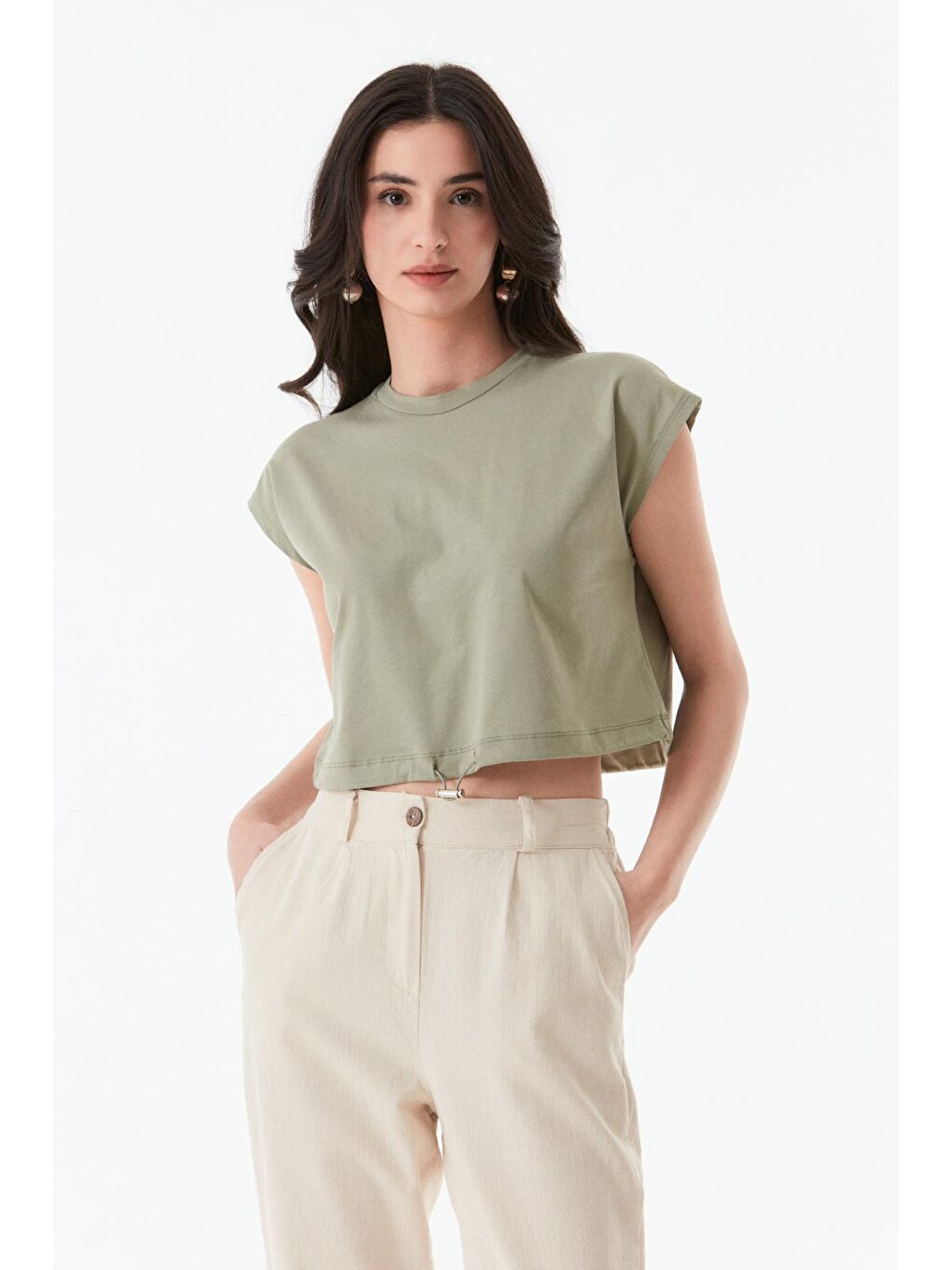 Haki Basic Bisiklet Yaka Stoperli Crop Tişört-4