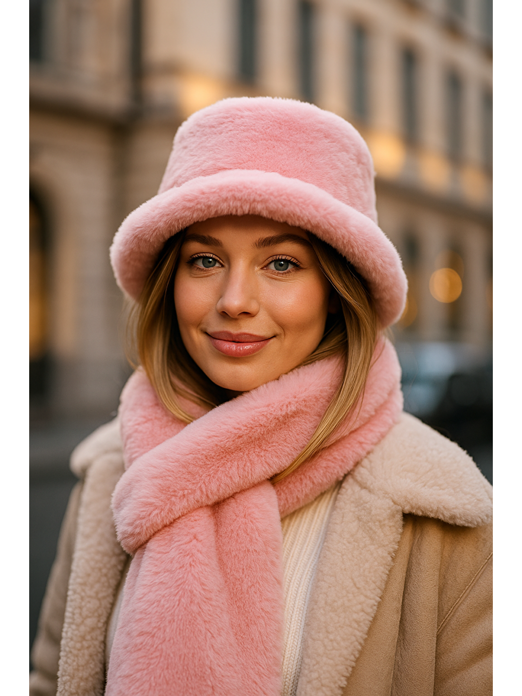 Pembe Kadın Pudra 2 li Set Pelüş Bucket Şapka Boyunluk Atkı Set01-2