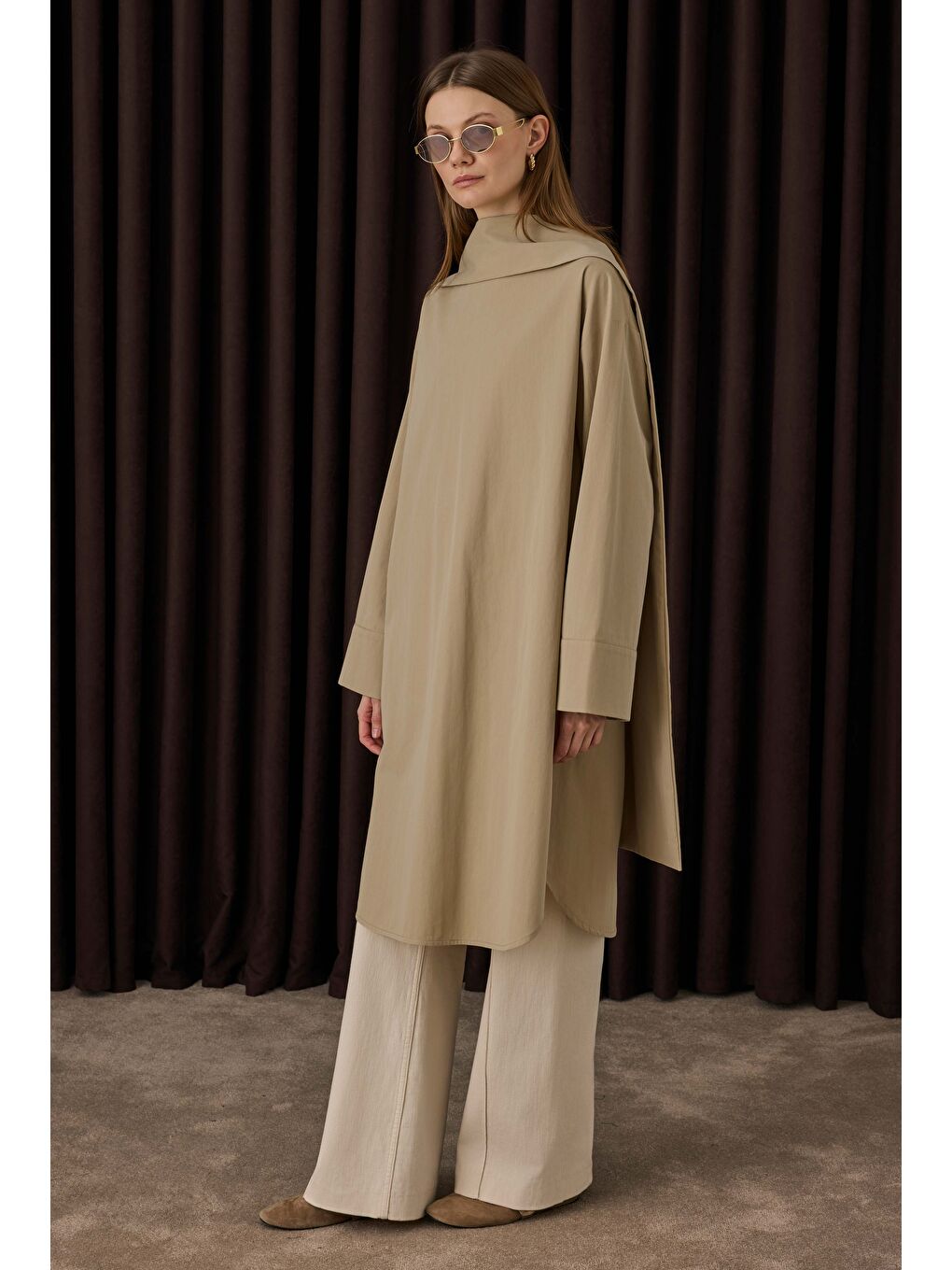 Fular Yaka Gömlek Koyu Bej-4