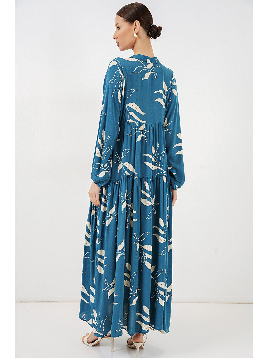 Kadın Desenli Uzun Tesettür Elbise 2585 - Petrol-6