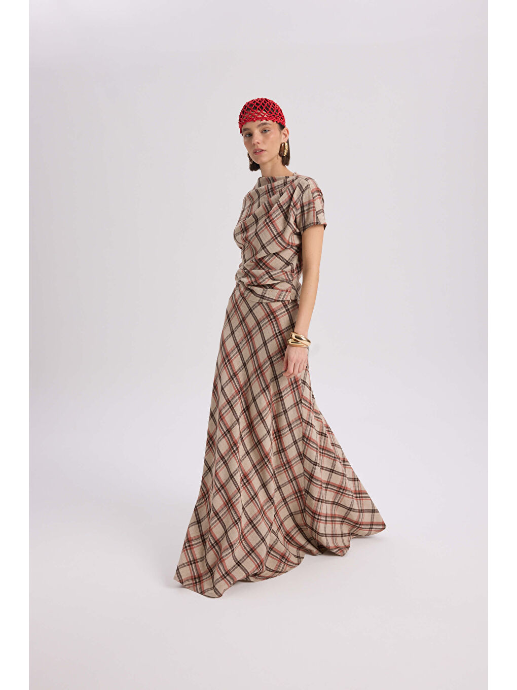 Petunya Ekoseli Turuncu Crop Etek Takım-1