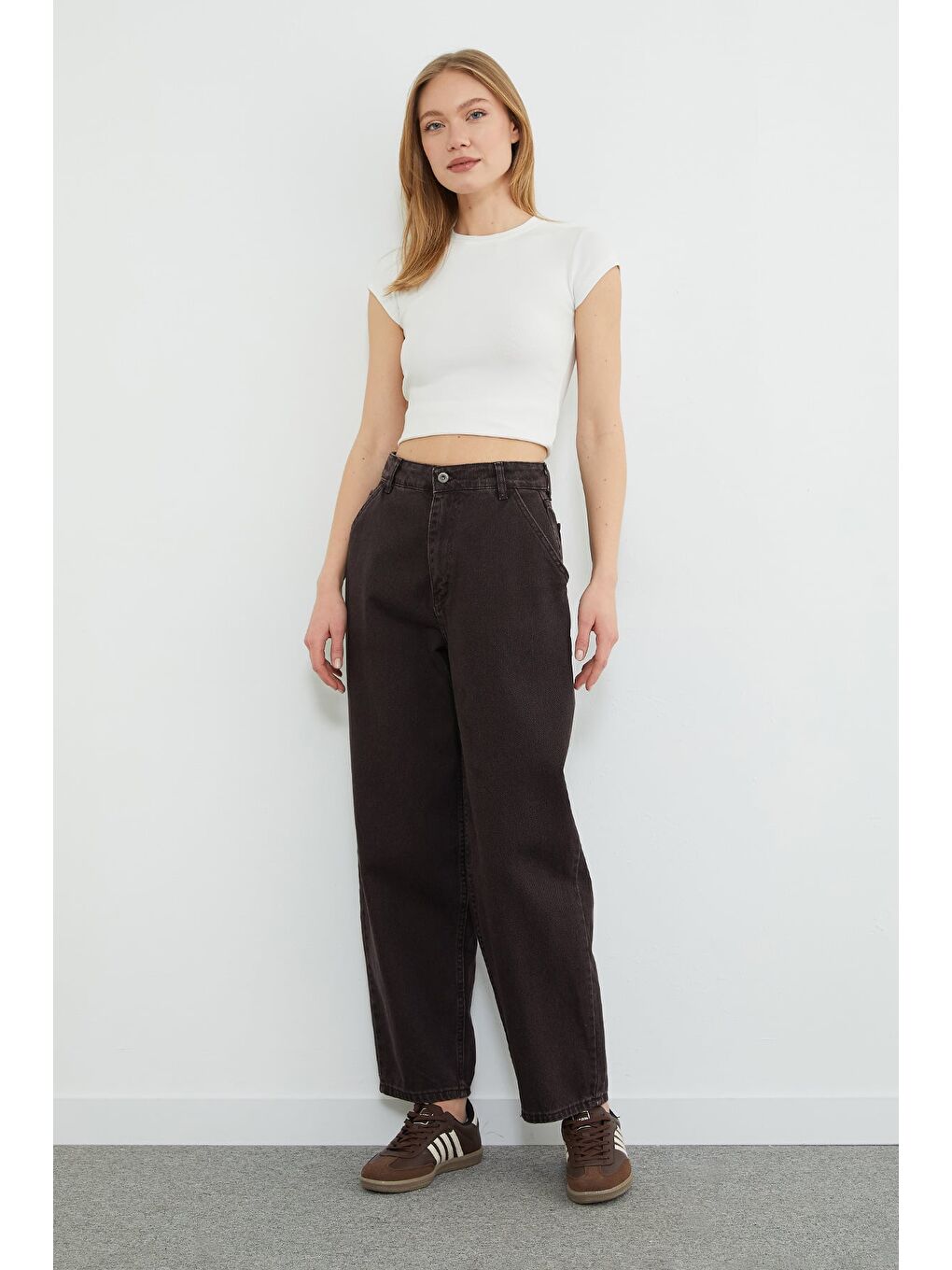 Kahverengi Fermuarlı Yüksek Bel Şalvar Jean-3