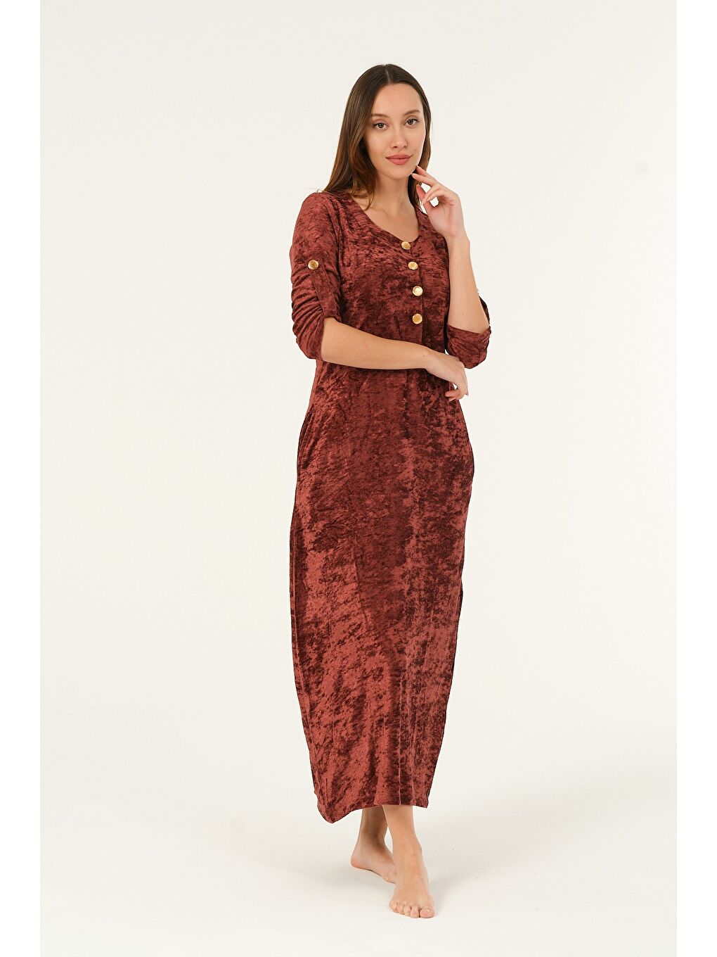 Bordo lacivert maxi boy cepli düğmeli kadife uzun elbise-1