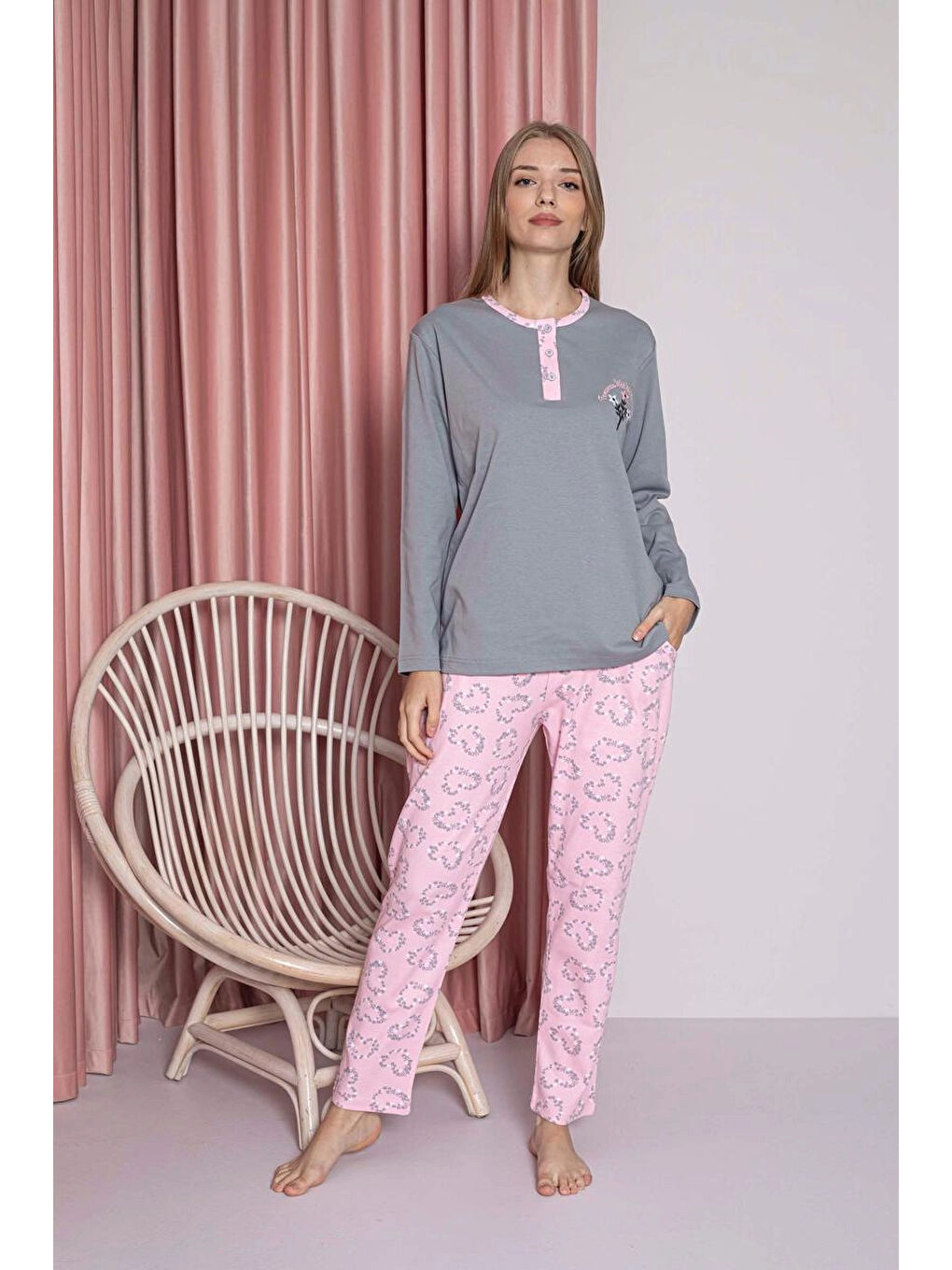 Bej Desenli Kadın Pijama Takımı 3018-1