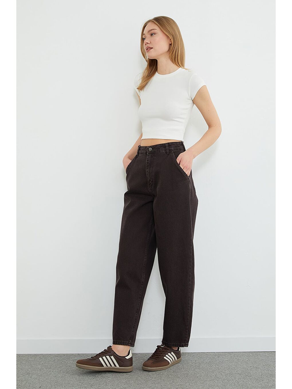 Kahverengi Fermuarlı Yüksek Bel Şalvar Jean-4