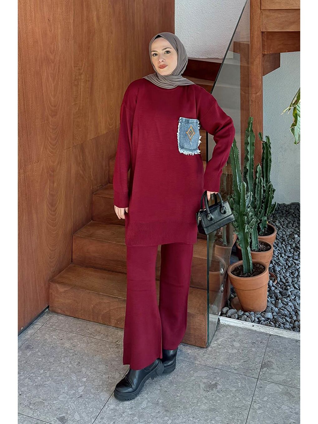 Cep Detaylı Triko Takım Bordo