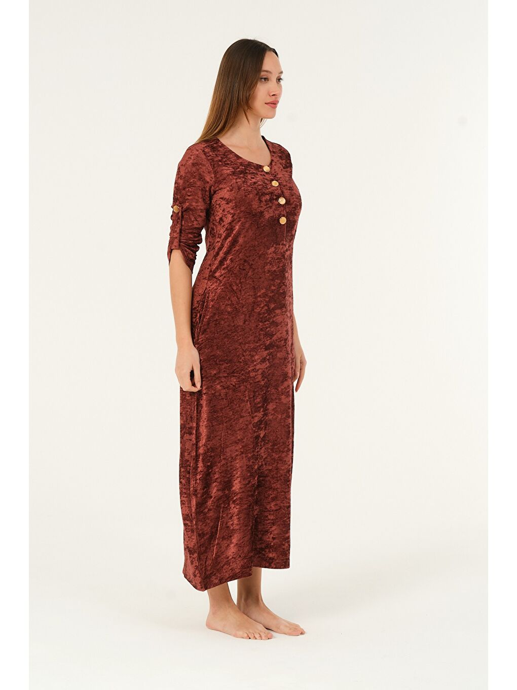 Bordo lacivert maxi boy cepli düğmeli kadife uzun elbise-2