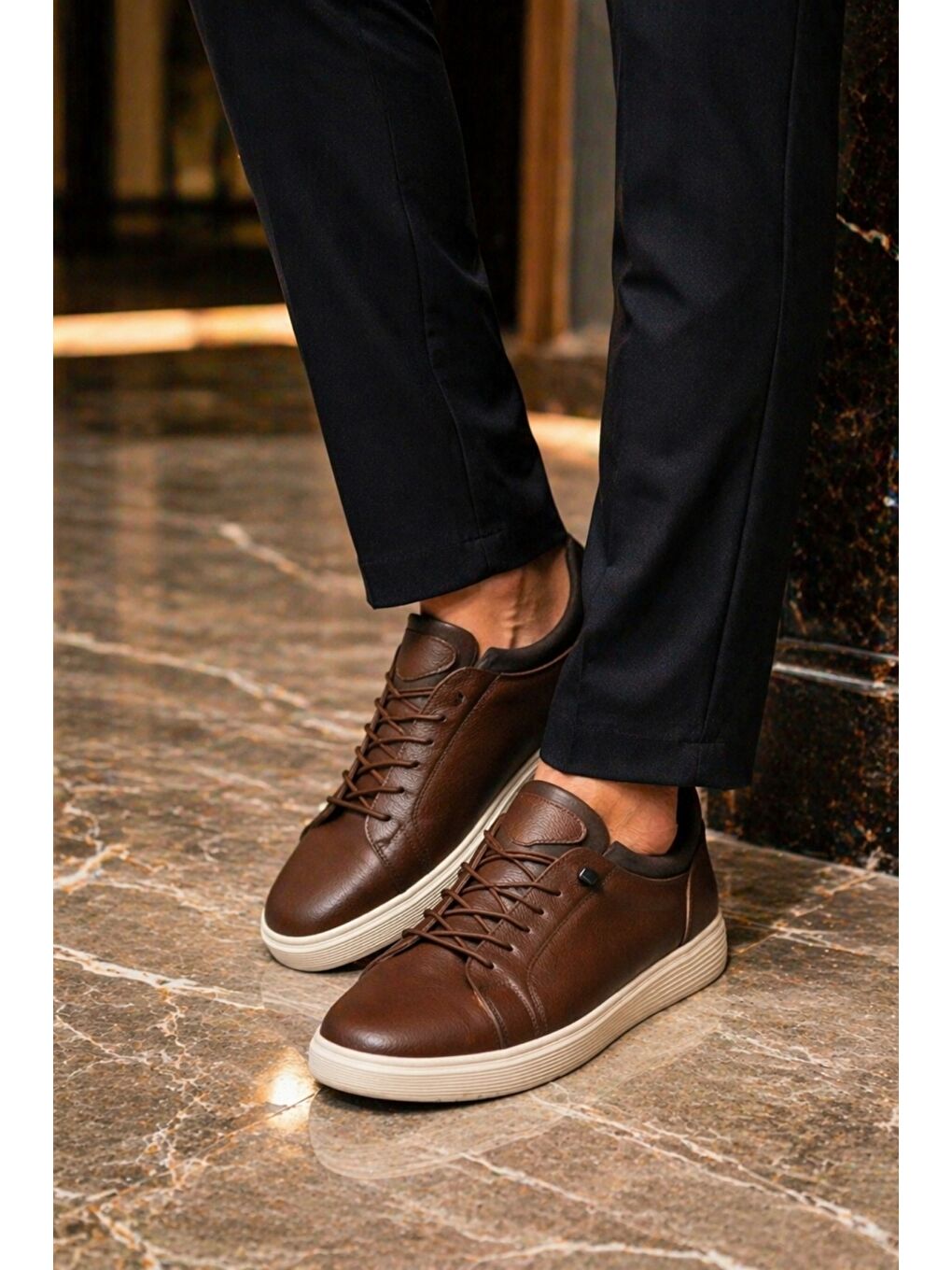 Kahverengi JUNO Hakiki Deri Bağcıklı Erkek Günlük Spor Ayakkabı-1