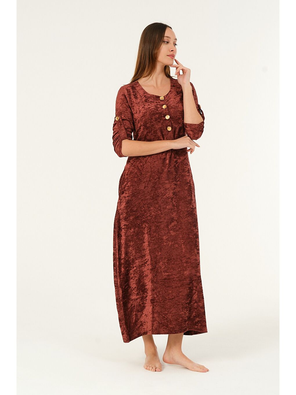 Bordo lacivert maxi boy cepli düğmeli kadife uzun elbise-3