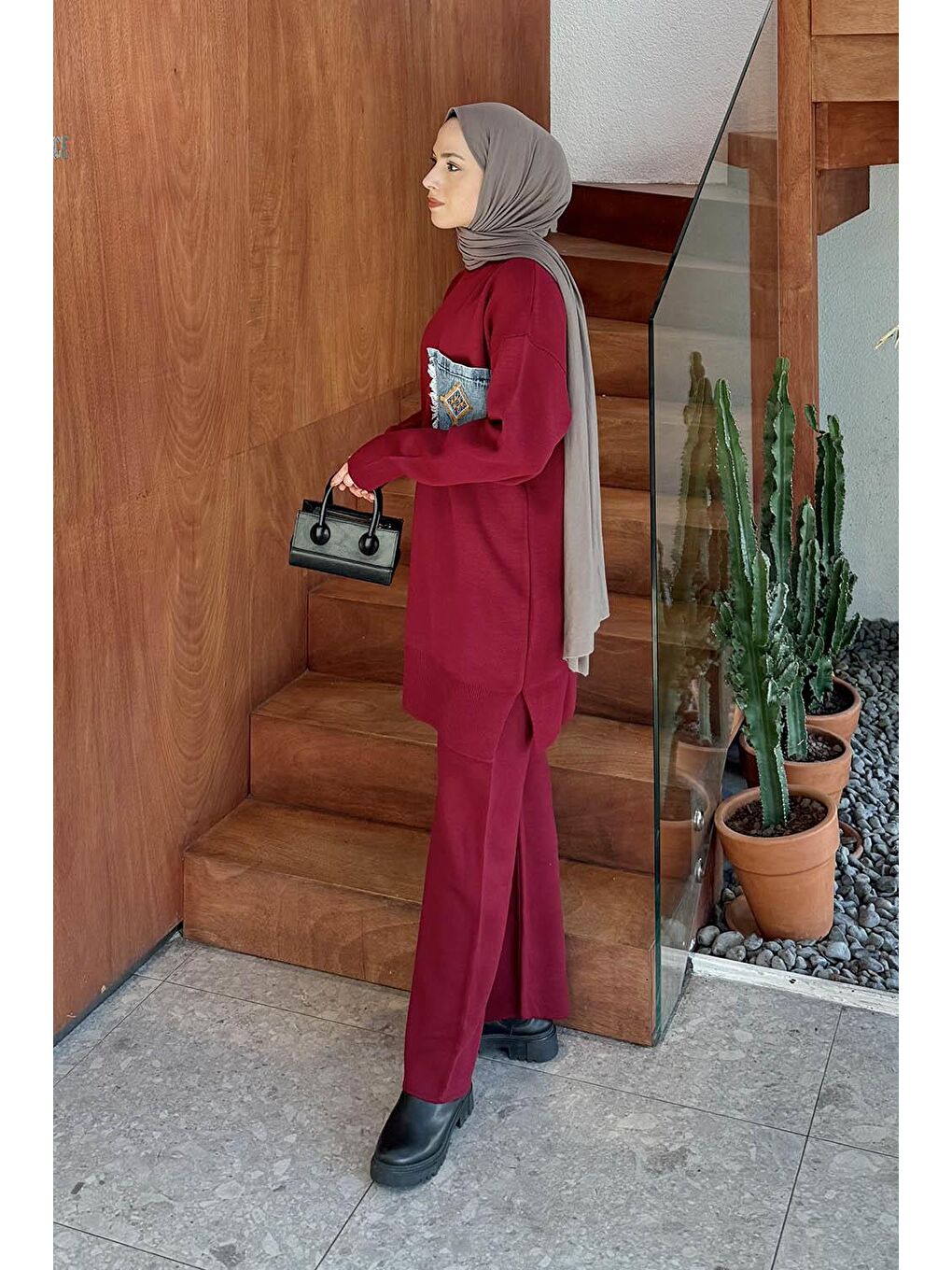 Cep Detaylı Triko Takım Bordo-1