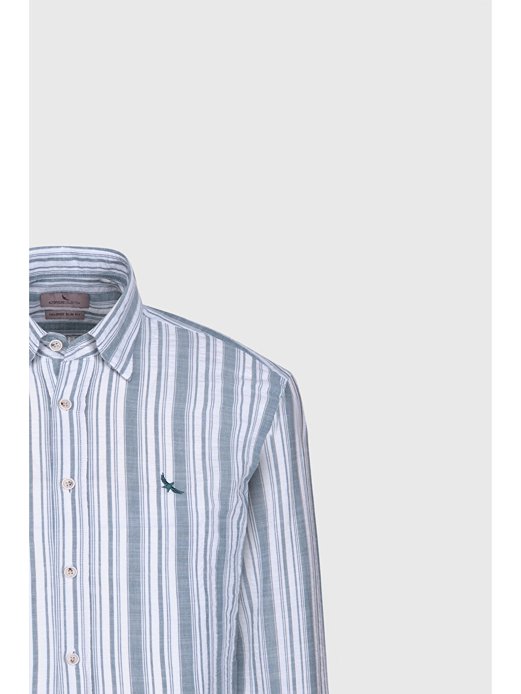 Lila Erkek Ekru-Yeşil Slim Fit Dar Kesim %100 Pamuk Gizli Düğme Yaka Çizgili Gömlek-6