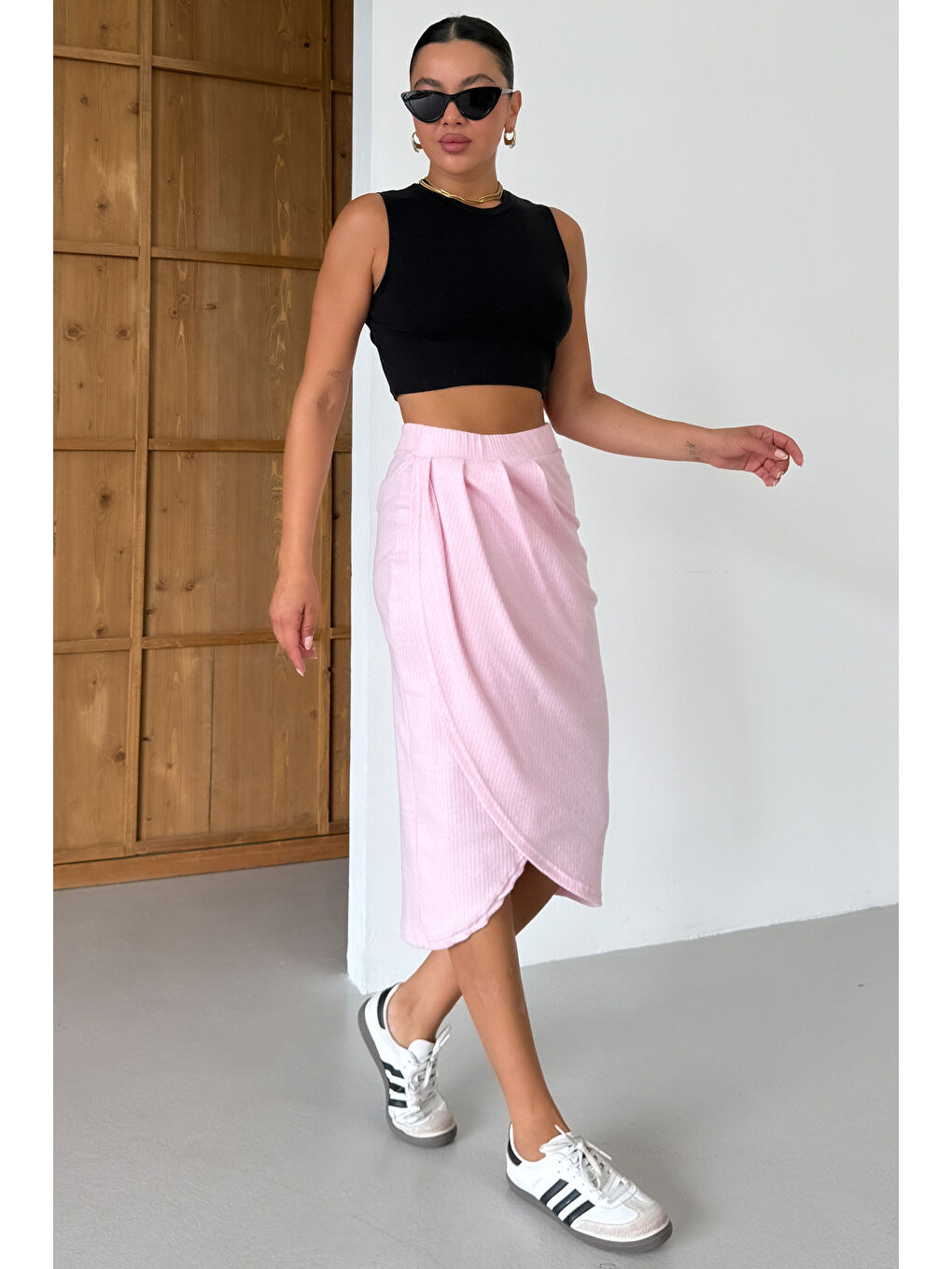 Kadın Pembe Bel Lastikli Kruvaze Midi Boy Etek-4