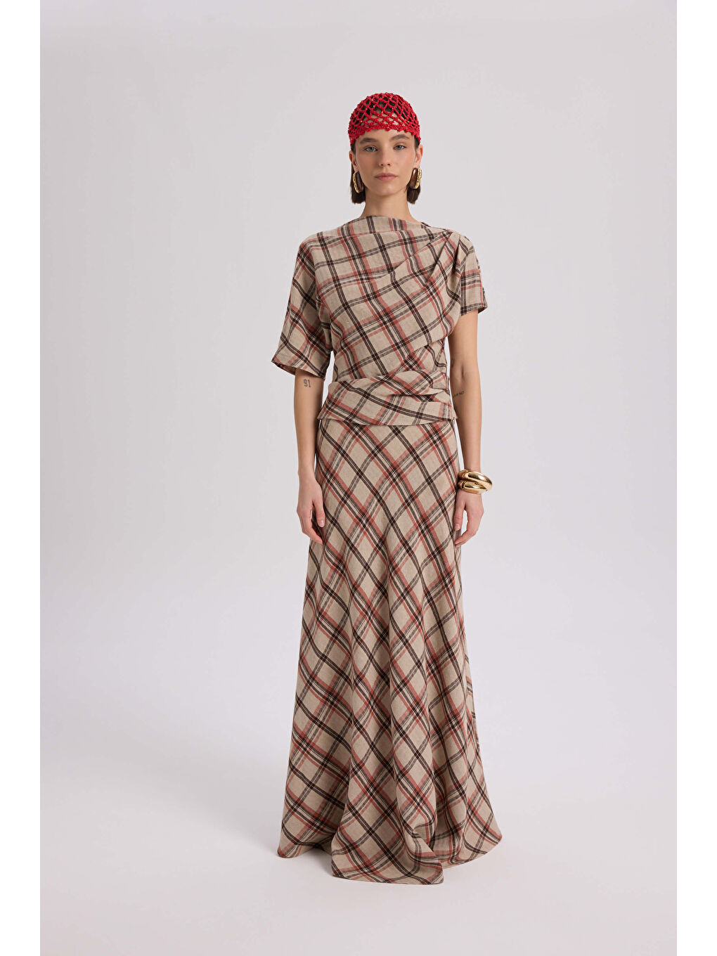 Petunya Ekoseli Turuncu Crop Etek Takım-2