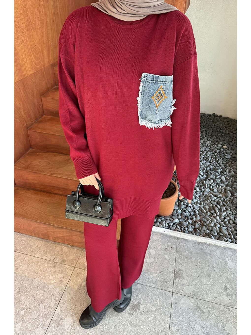 Cep Detaylı Triko Takım Bordo-2