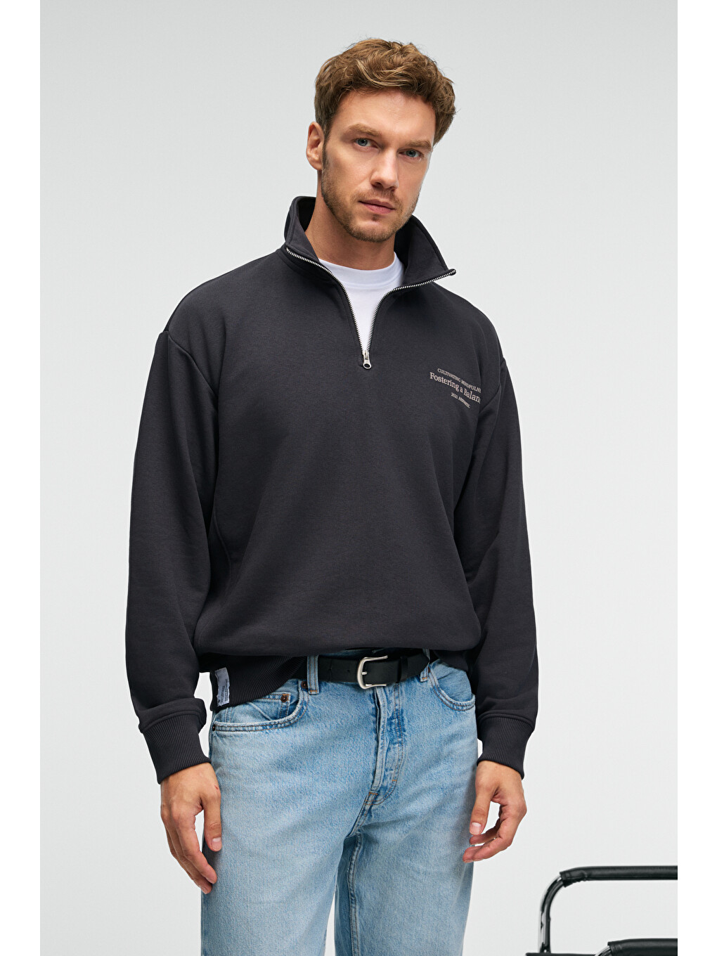 Bram Erkek %100 Pamuk Dik Yakalı Yarım Fermuarlı Baskılı Antrasit Sweatshirt-2