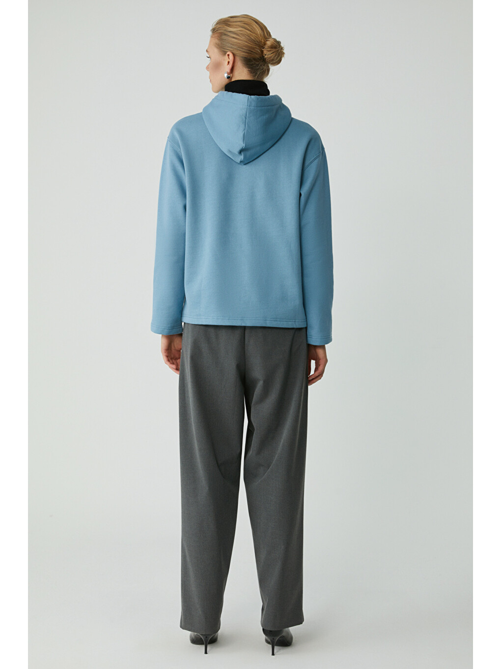 Pıper Kadın Içi Polarlı Yumuşacık Comfort Fit Kapüşonlu Kanguru Cepli Mavi Sweatshirt-5