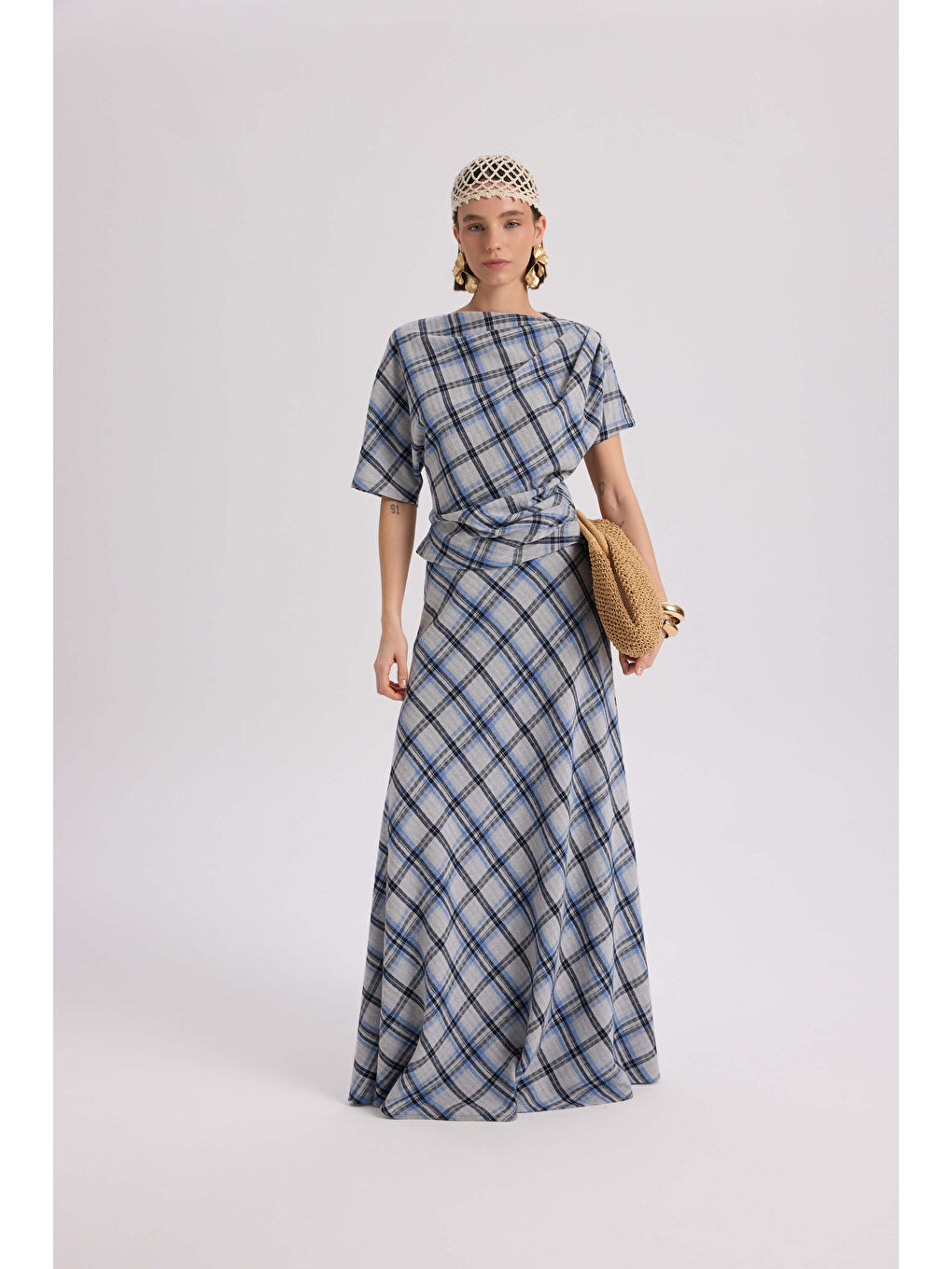 Petunya Ekoseli Mavi Crop Etek Takım-5