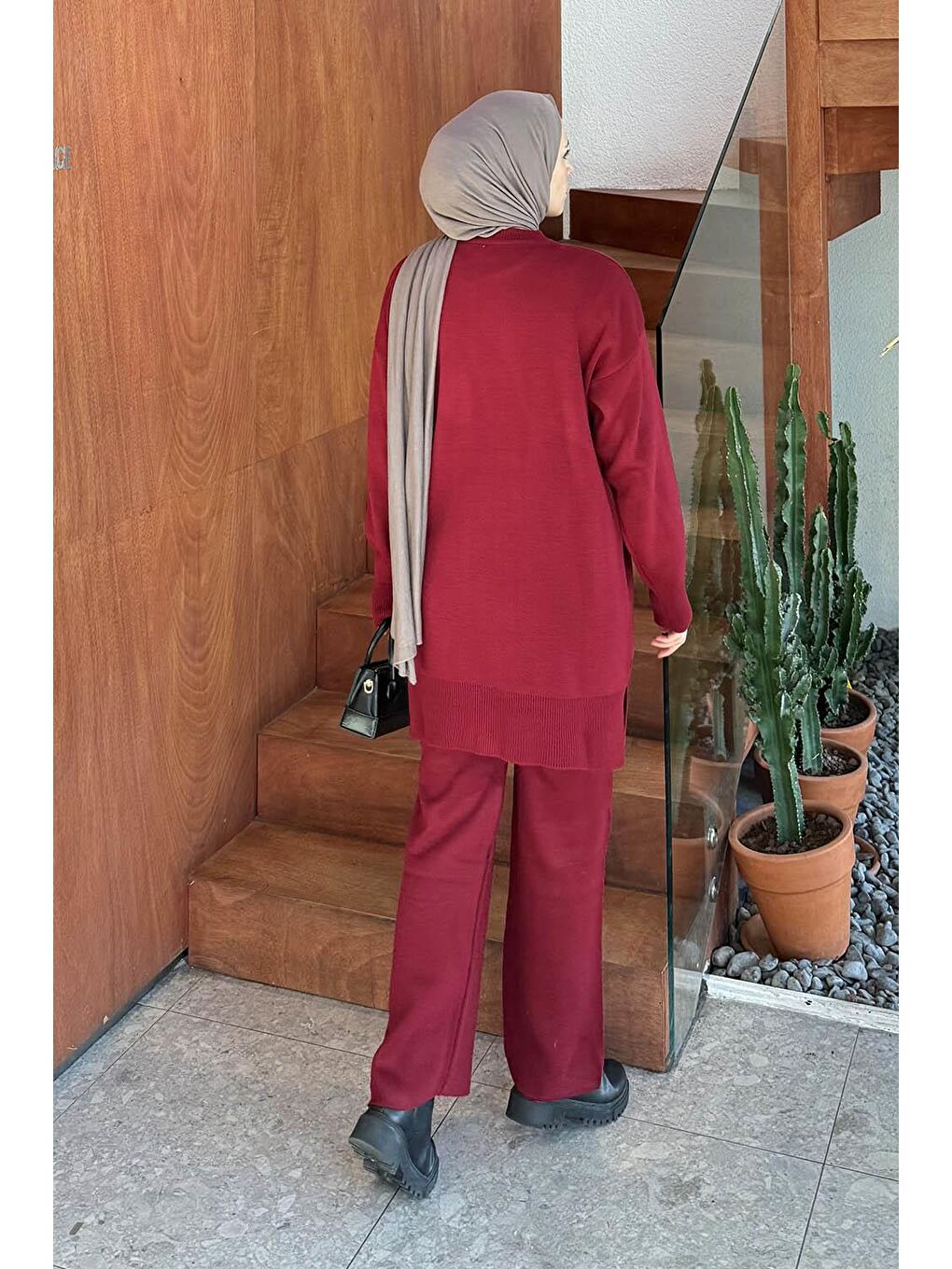 Cep Detaylı Triko Takım Bordo-3