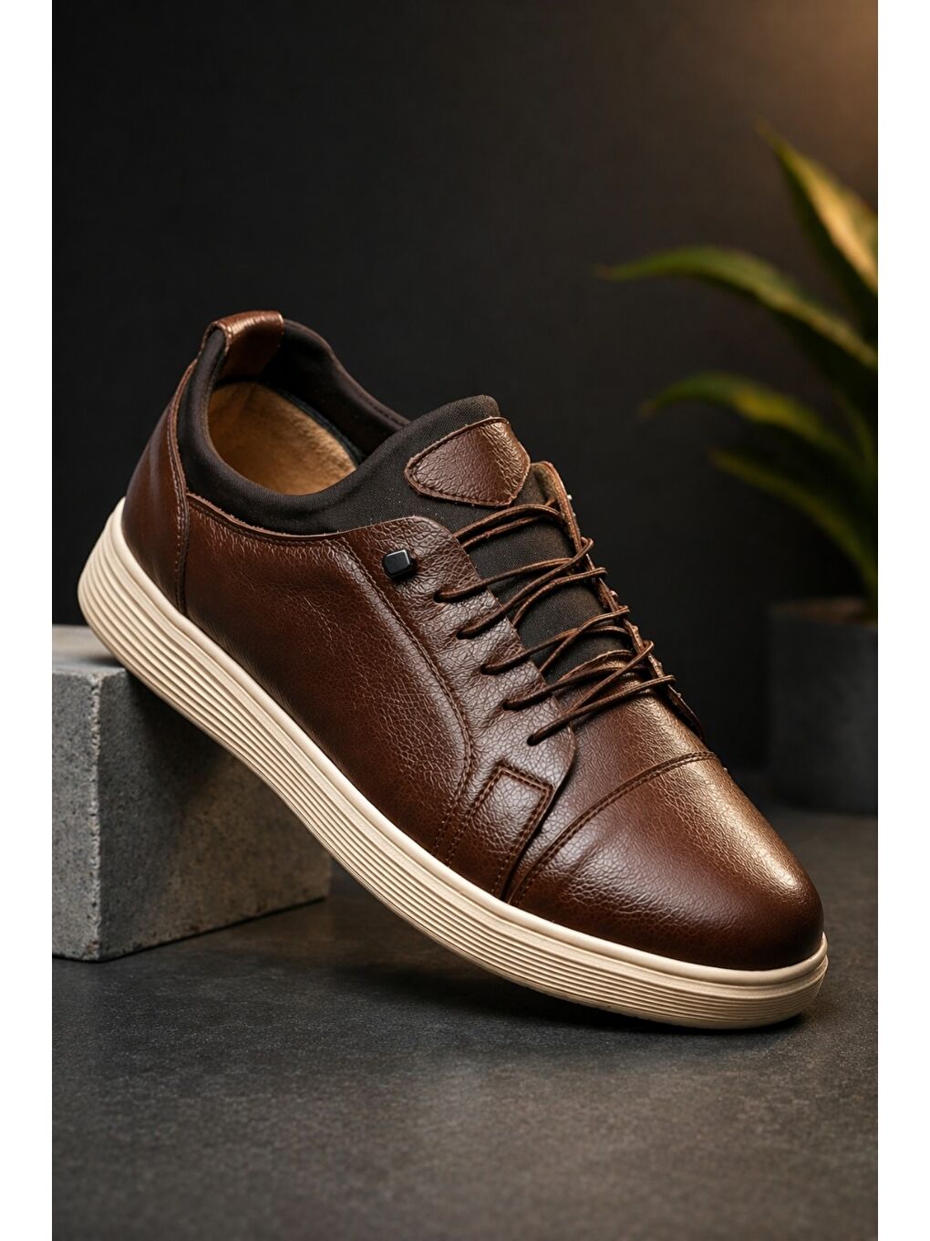 Kahverengi JUNO Hakiki Deri Bağcıklı Erkek Günlük Spor Ayakkabı-2