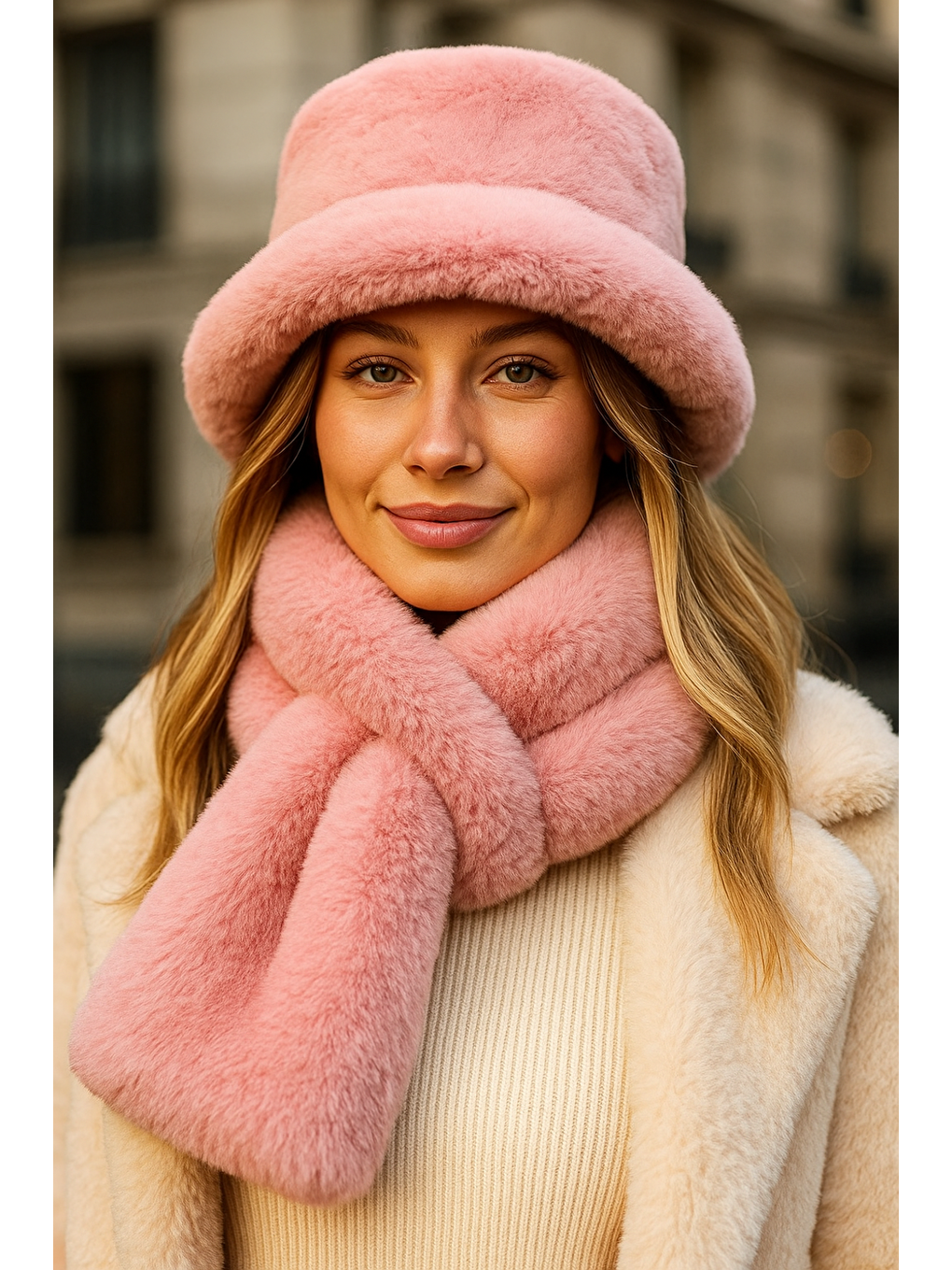 Pembe Kadın Pudra 2 li Set Pelüş Bucket Şapka Boyunluk Atkı Set01-3