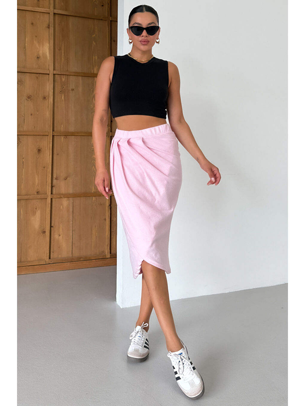 Kadın Pembe Bel Lastikli Kruvaze Midi Boy Etek-5