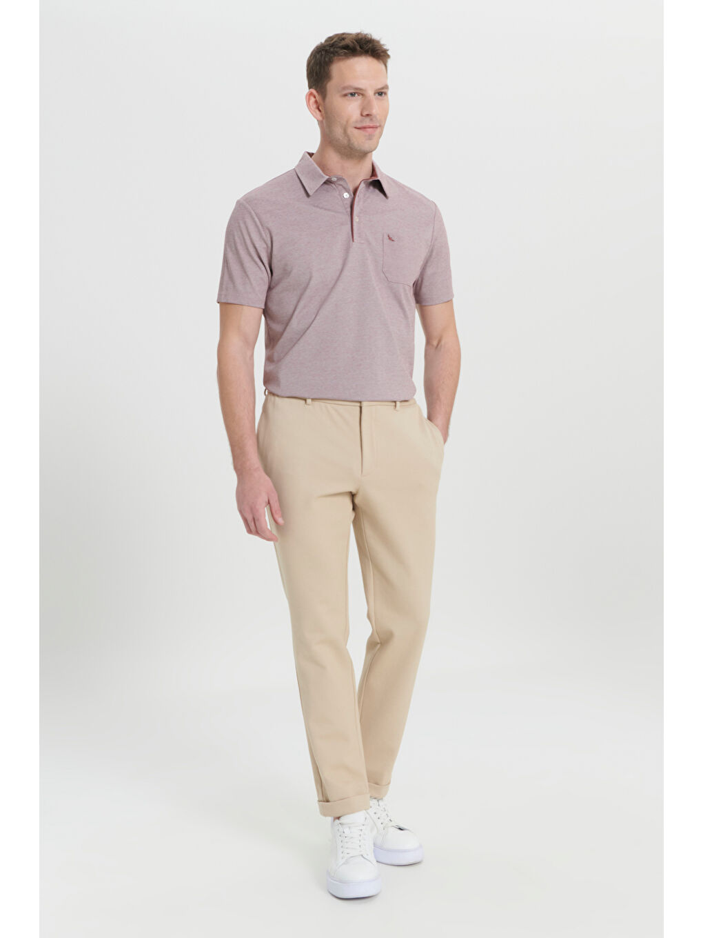 Erkek Bej 360 Derece Here Yöne Esneyen Slim Fit Dar Kesim Diagonal Desenli Beli Bağlamalı Örme Pant--2