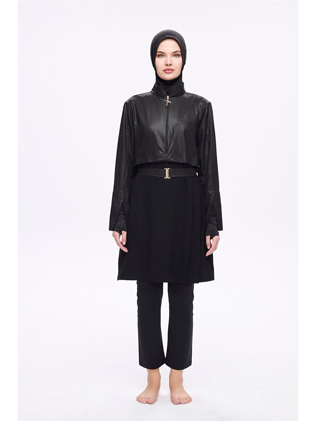 Kemer Toka Detaylı Dokulu Kumaş Siyah 5 Parça Tam Tesettür Mayo Takımı 5027