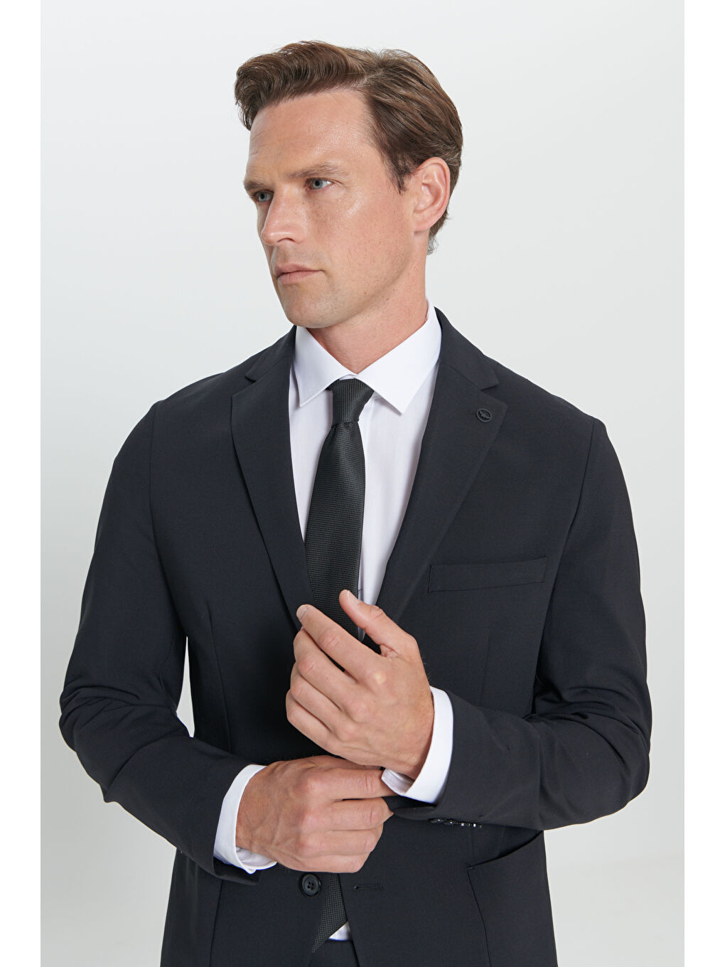 Erkek Siyah Slim Fit Dar Kesim Mono Yaka Yünlü Takım Elbise-6