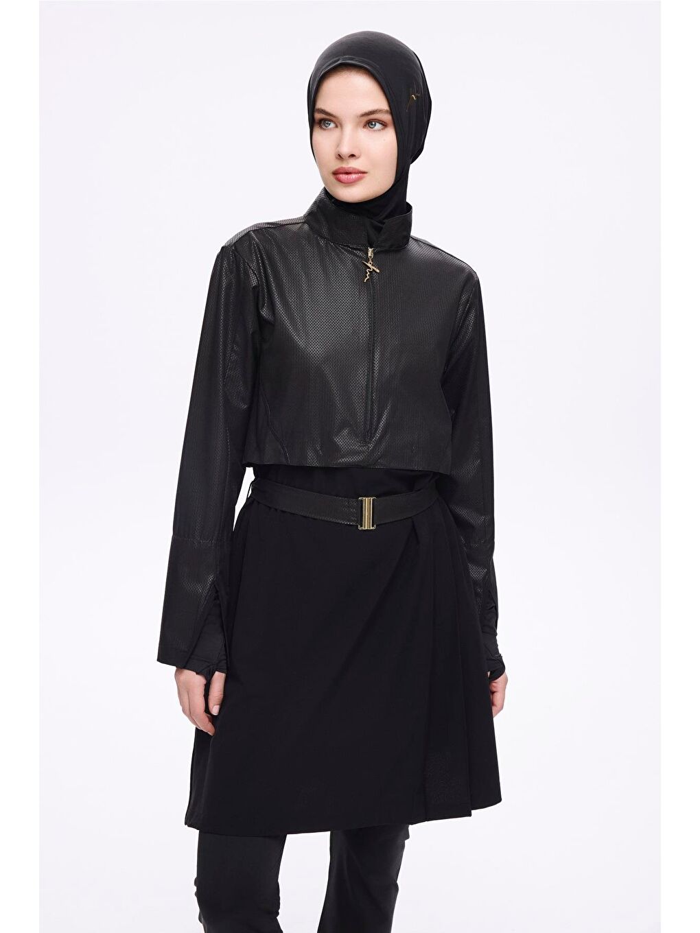 Kemer Toka Detaylı Dokulu Kumaş Siyah 5 Parça Tam Tesettür Mayo Takımı 5027-1