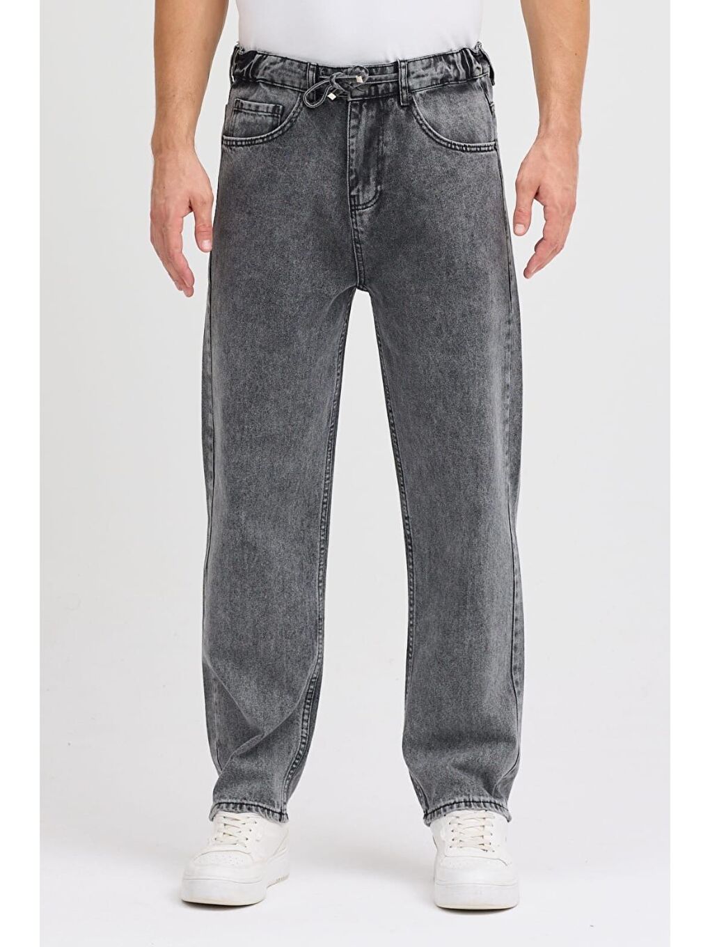 Antrasit Reax 896 Beli Lastikli İpli Baggy Bol Kesim Jean Pantolon