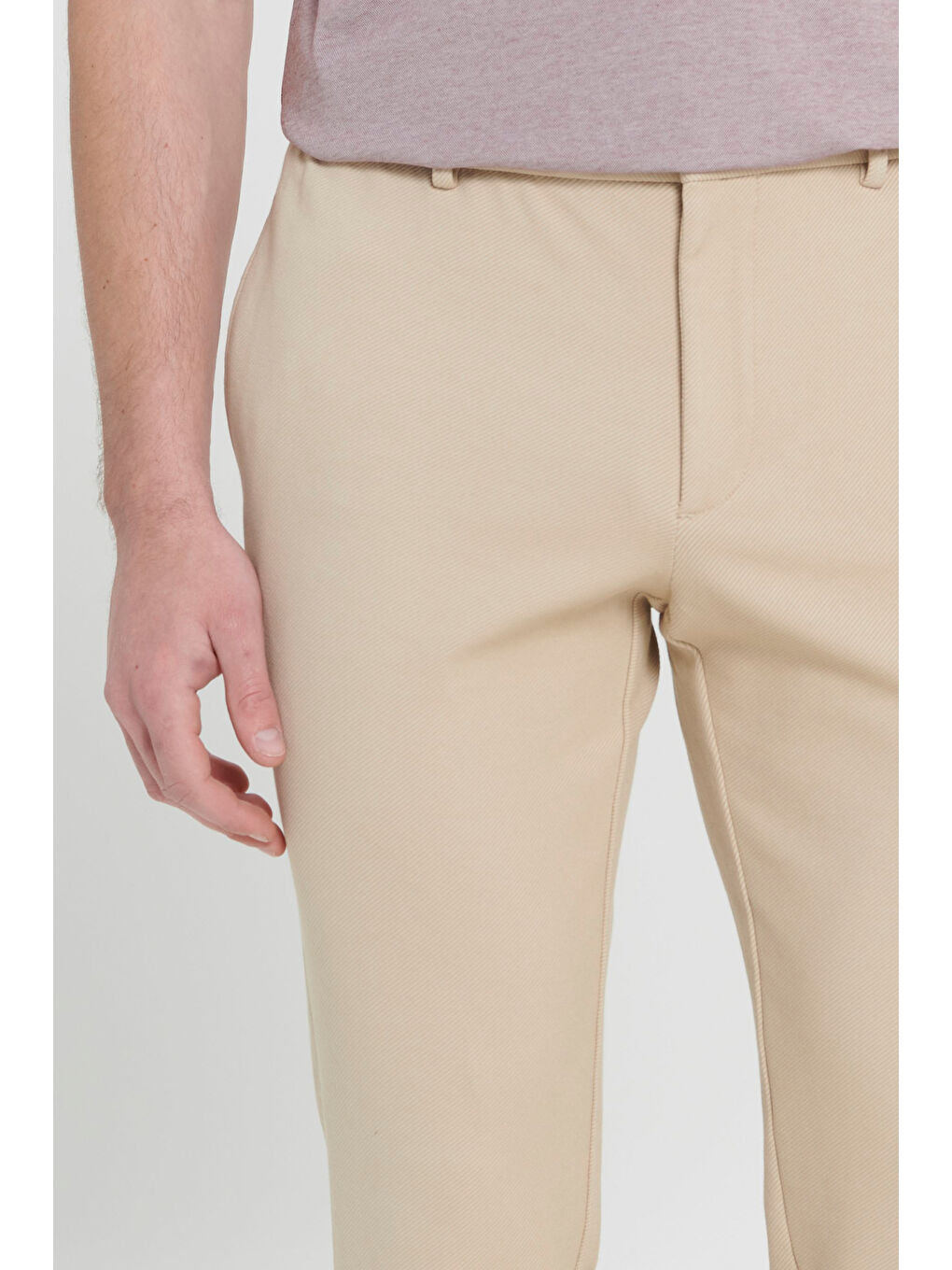 Erkek Bej 360 Derece Here Yöne Esneyen Slim Fit Dar Kesim Diagonal Desenli Beli Bağlamalı Örme Pant--3