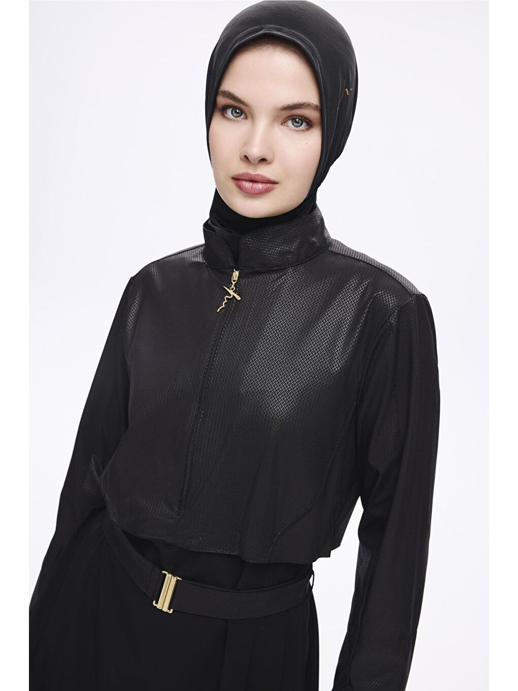 Kemer Toka Detaylı Dokulu Kumaş Siyah 5 Parça Tam Tesettür Mayo Takımı 5027-2