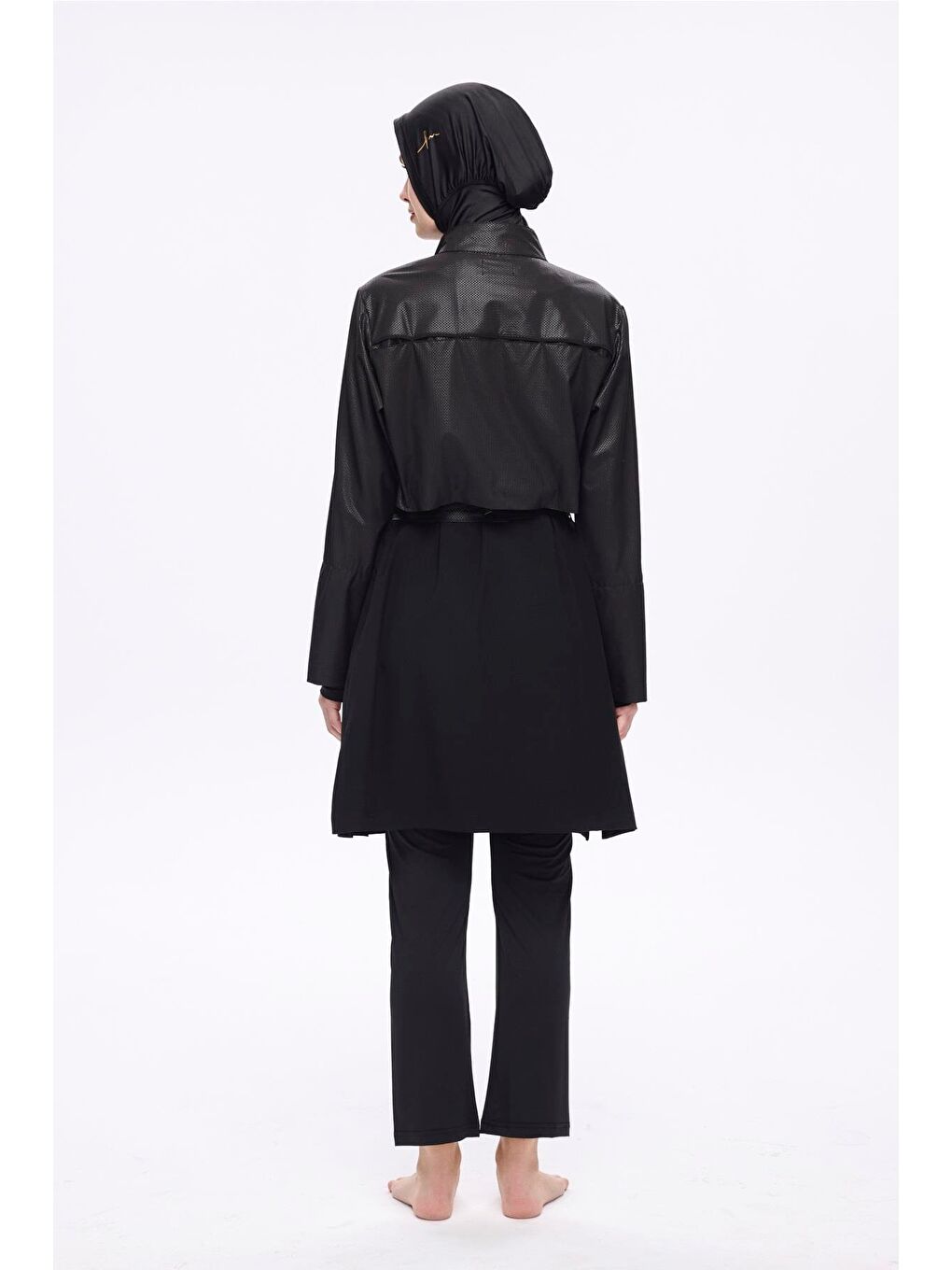 Kemer Toka Detaylı Dokulu Kumaş Siyah 5 Parça Tam Tesettür Mayo Takımı 5027-3