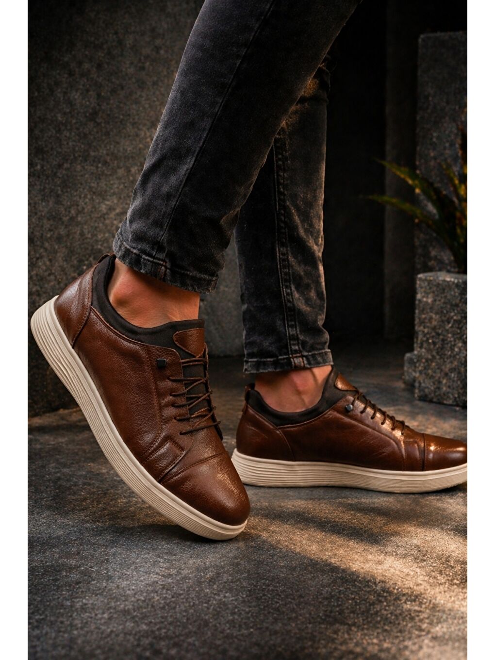 Kahverengi JUNO Hakiki Deri Bağcıklı Erkek Günlük Spor Ayakkabı-5
