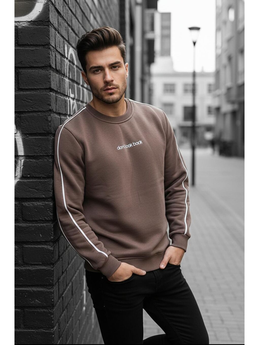 Kahverengi Dont Look Slim Fit Üç İplik Şardonlu Bisiklet Yaka Erkek Sweatshirt