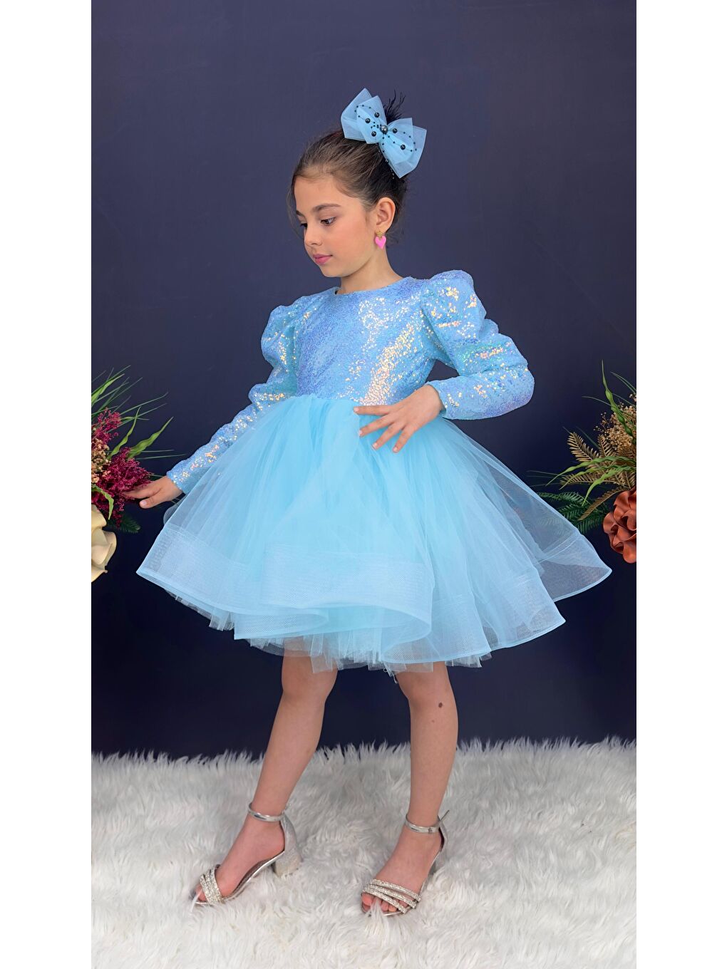 Turkuaz Tütü Gren Etekli Kız Çocuk Pul Payetli Uzun Kol Kikidi Elbise MNK0583