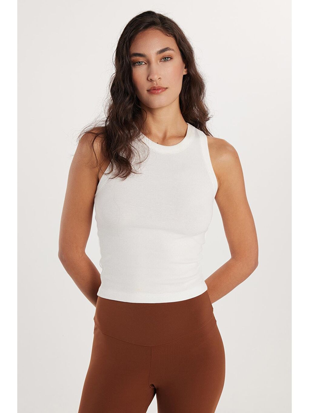 Kadın Modal Kumaş Slim Fit Dar Kesim Bisiklet Yaka Ekru Body Atlet