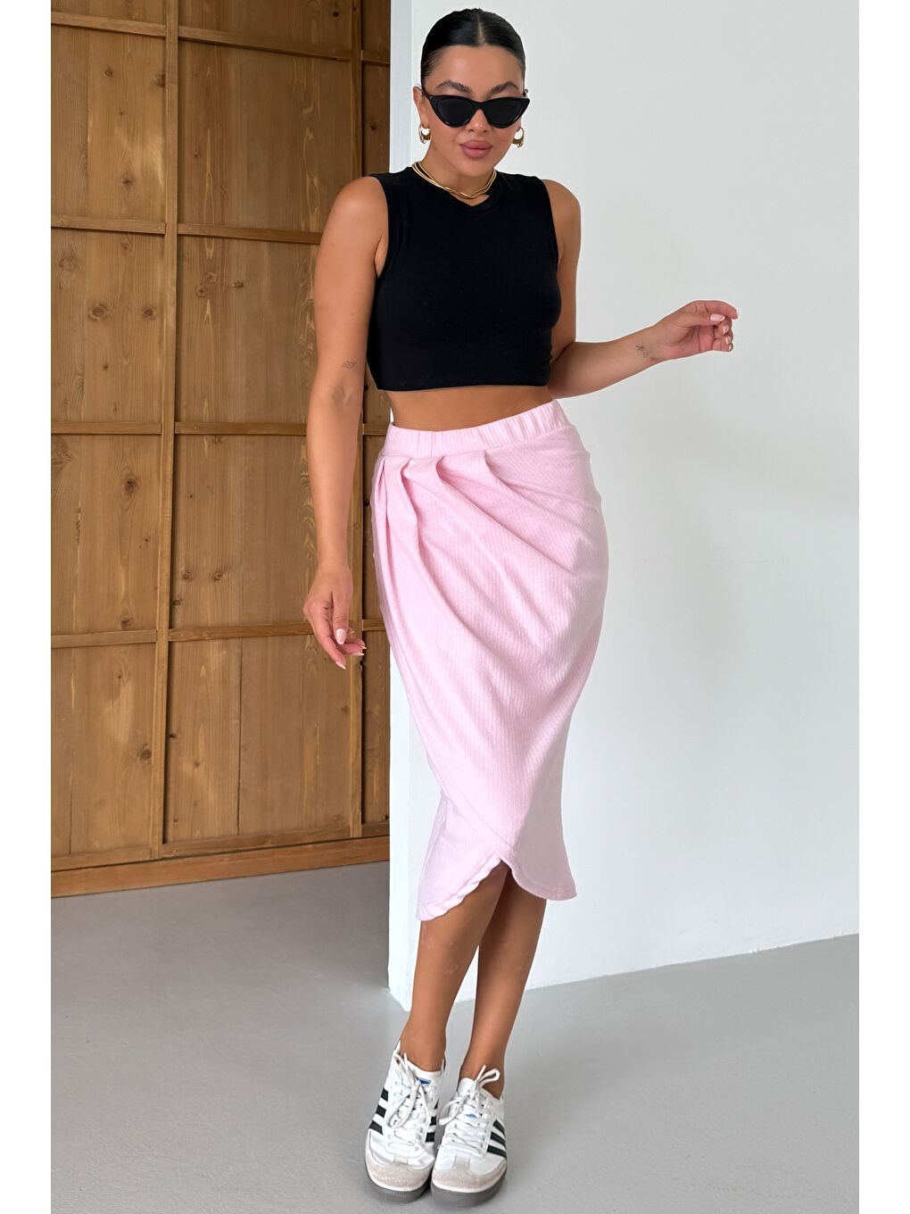 Kadın Pembe Bel Lastikli Kruvaze Midi Boy Etek-6