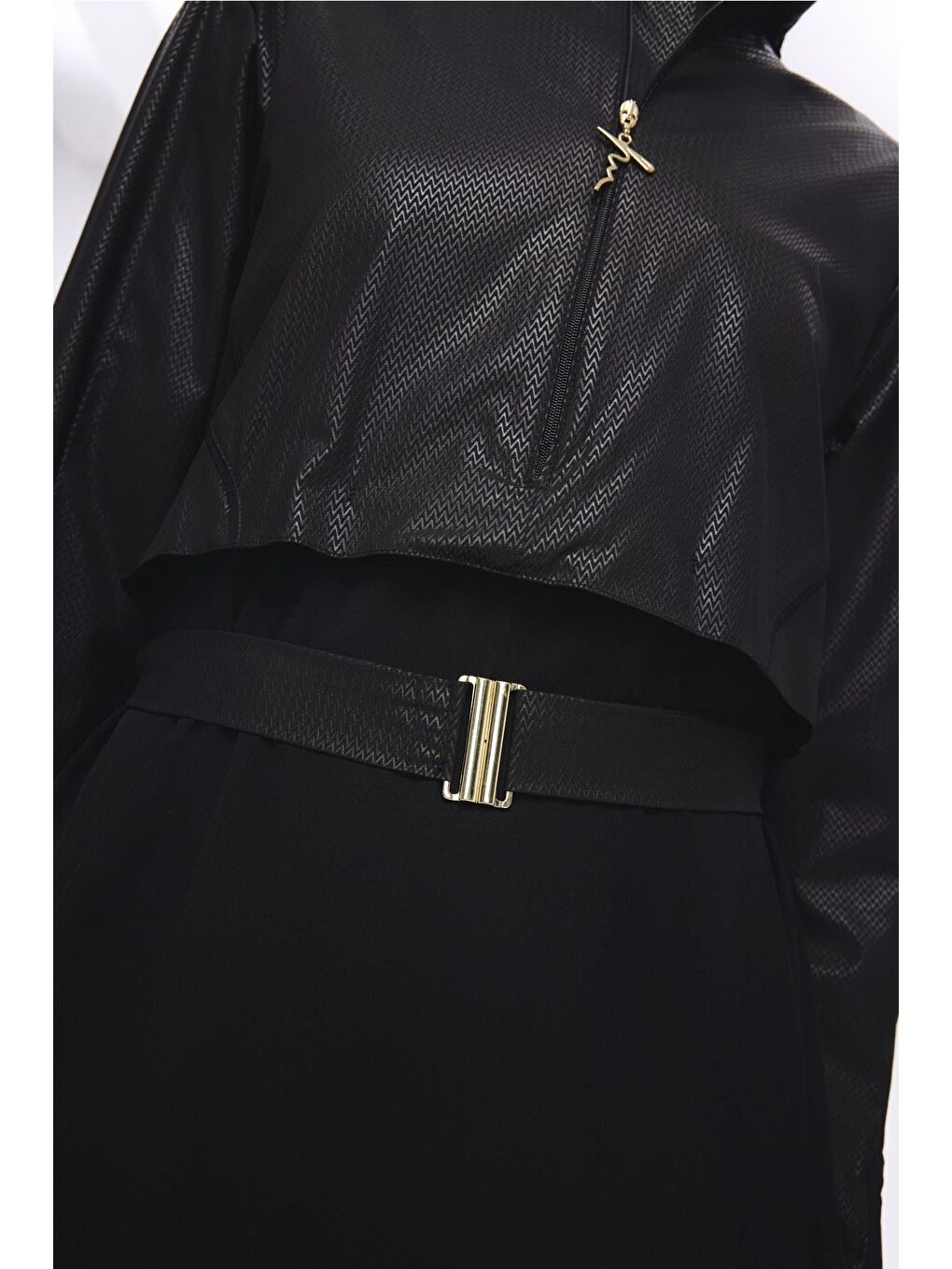 Kemer Toka Detaylı Dokulu Kumaş Siyah 5 Parça Tam Tesettür Mayo Takımı 5027-5