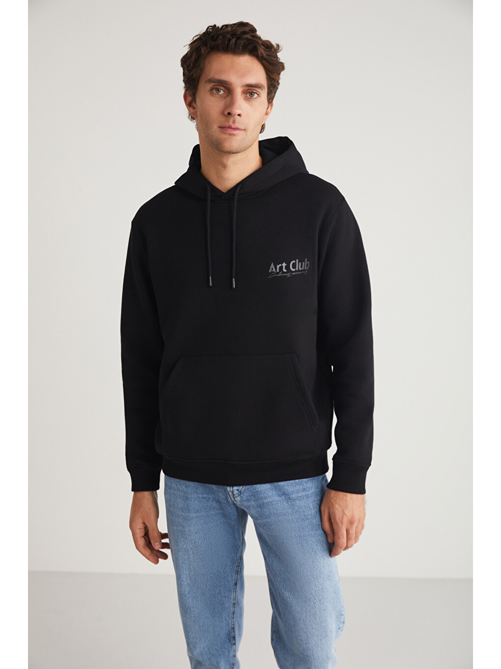 Andreas Erkek Kapüşonlu İçi Polarlı Baskı Detaylı Siyah Sweatshirt