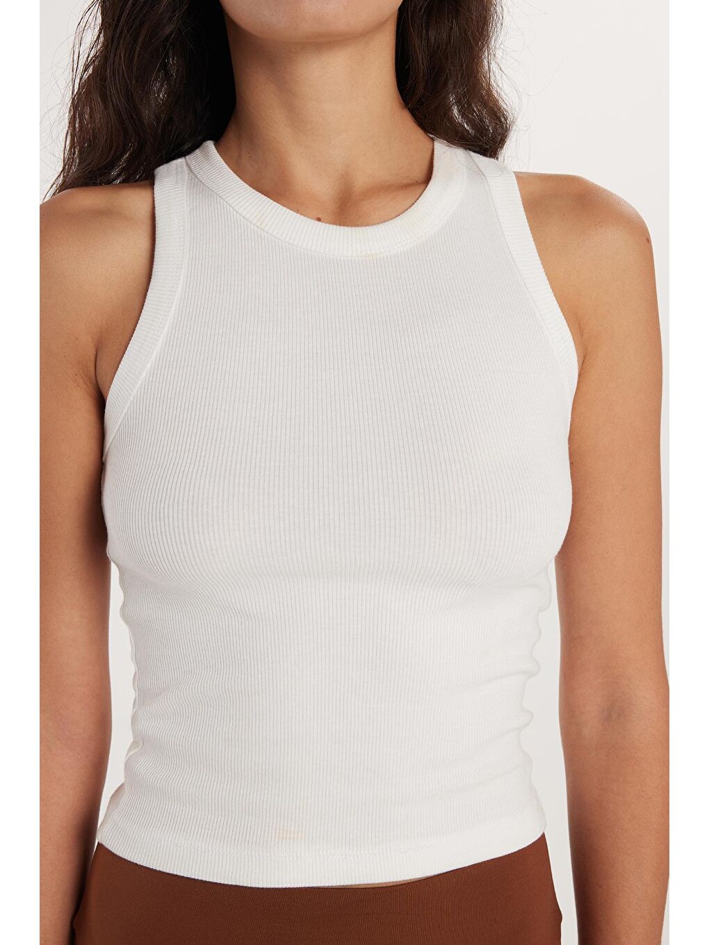 Kadın Modal Kumaş Slim Fit Dar Kesim Bisiklet Yaka Ekru Body Atlet-1