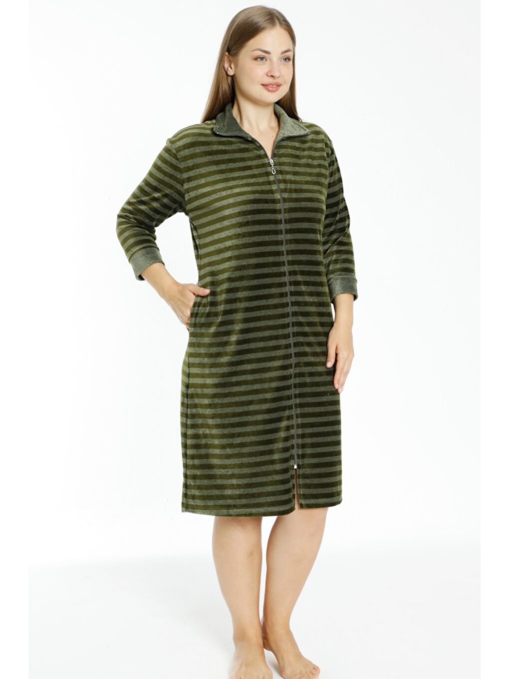 Haki Çizgili Kadife Fermuarlı Cepli Büyük Beden Pamuklu Kadife Elbise-1